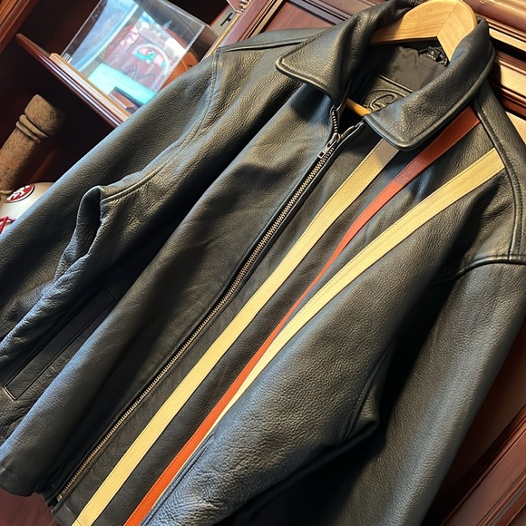 Geek Squad Automotive Racing Black Leather Bomber Jacket with Race Stripes! - Picture 4 of 12